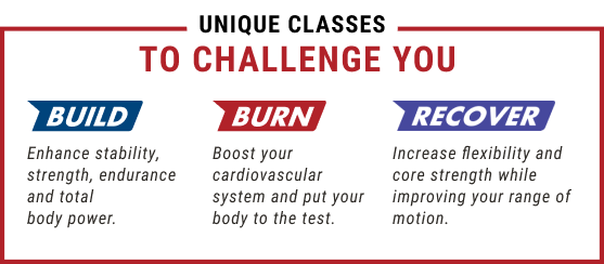 UNIQUE CLASSES TO CHALLENGE YOU. Enhance stability, strength, endurance and total body power. Boost your cardiovascular system and put your body to the test. Increase flexibility and core strength while improving your range of motion.