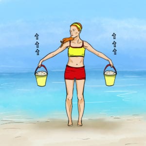 Girl Using Buckets Of Sand As Weights To Workout On The Beach During The Summer